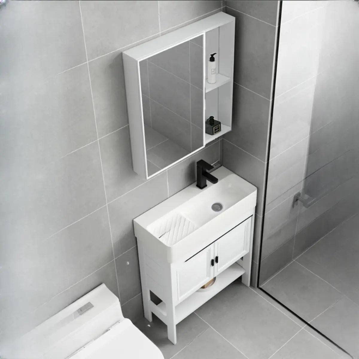 White Ceramic Single Sink Bathroom Vanity with Shelves Image - 12