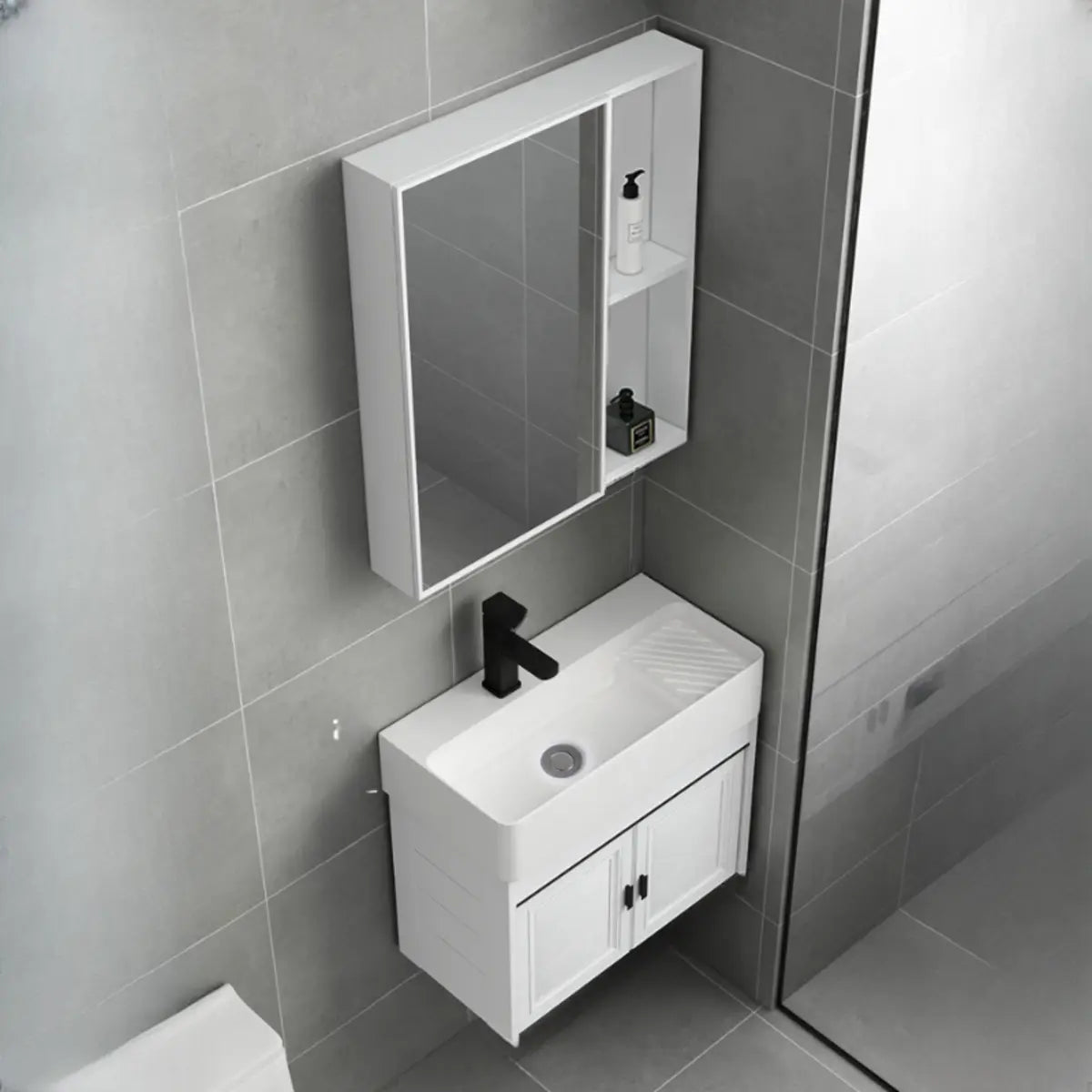 White Ceramic Single Sink Bathroom Vanity with Shelves Image - 2