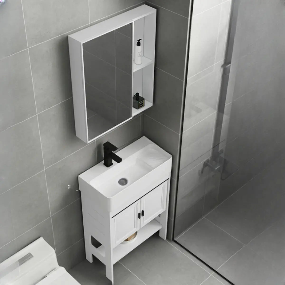 White Ceramic Single Sink Bathroom Vanity with Shelves Image - 3