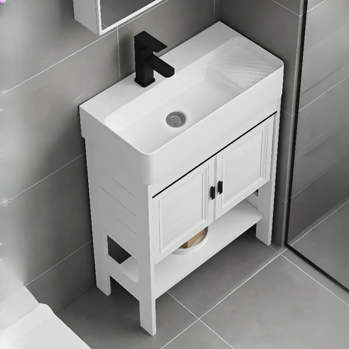 White Ceramic Single Sink Bathroom Vanity with Shelves Image - 5