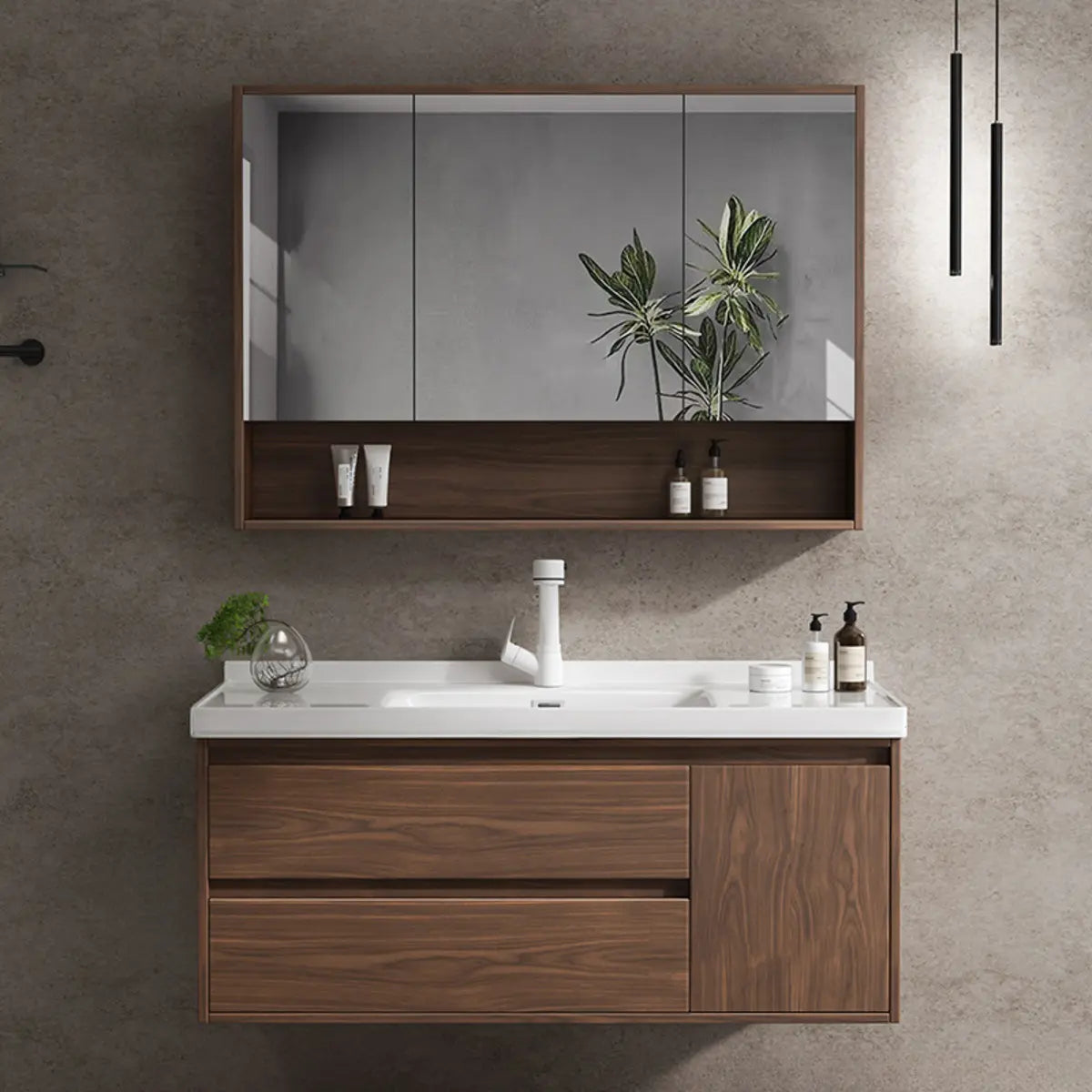 White Ceramic Top Sink Walnut Wood Storage Bathroom Vanity Image - 11