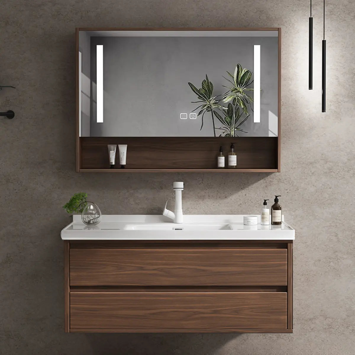 White Ceramic Top Sink Walnut Wood Storage Bathroom Vanity Image - 13