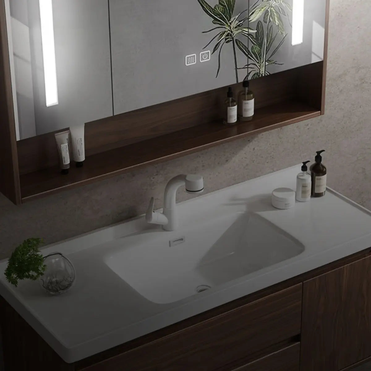 White Ceramic Top Sink Walnut Wood Storage Bathroom Vanity Image - 14