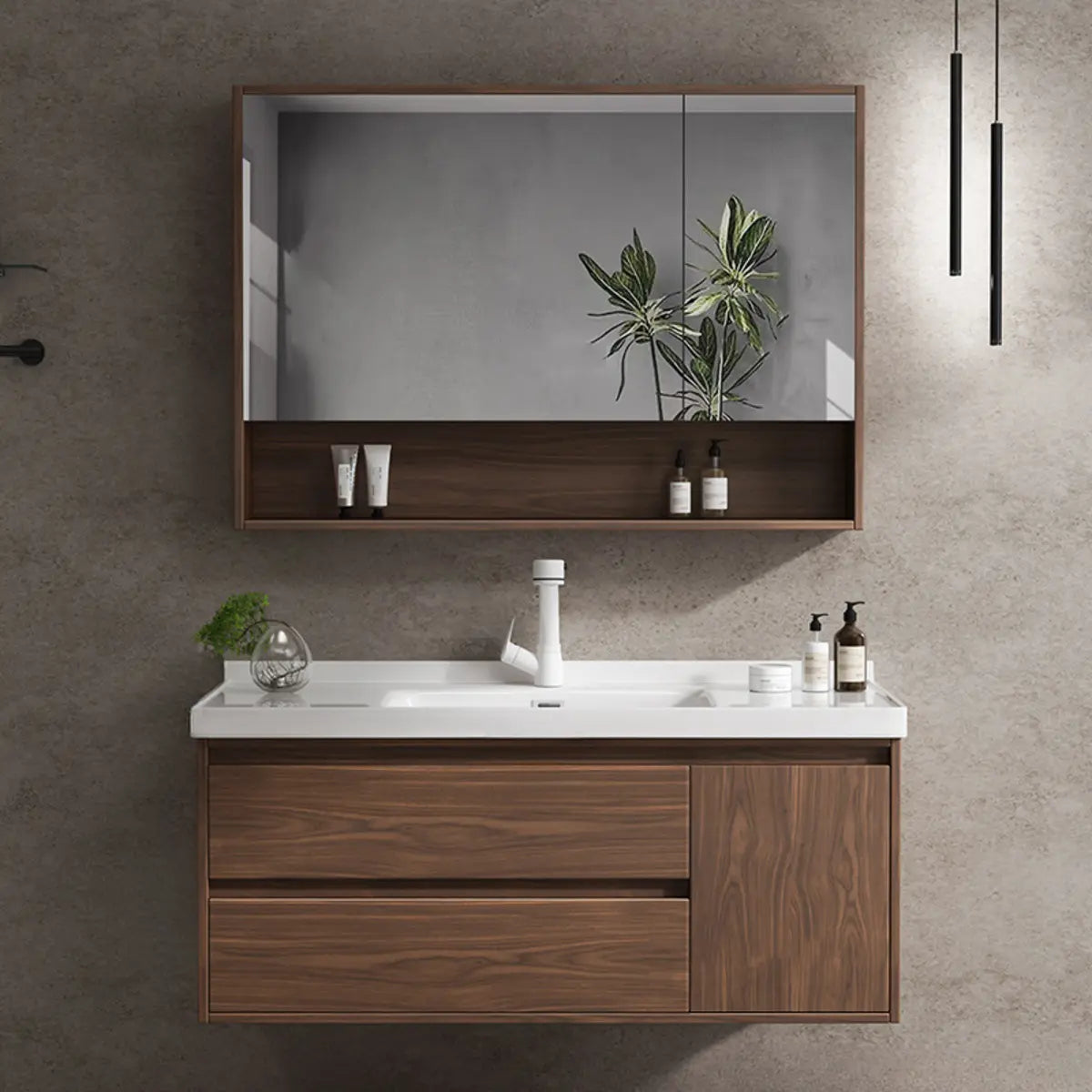 White Ceramic Top Sink Walnut Wood Storage Bathroom Vanity Image - 15