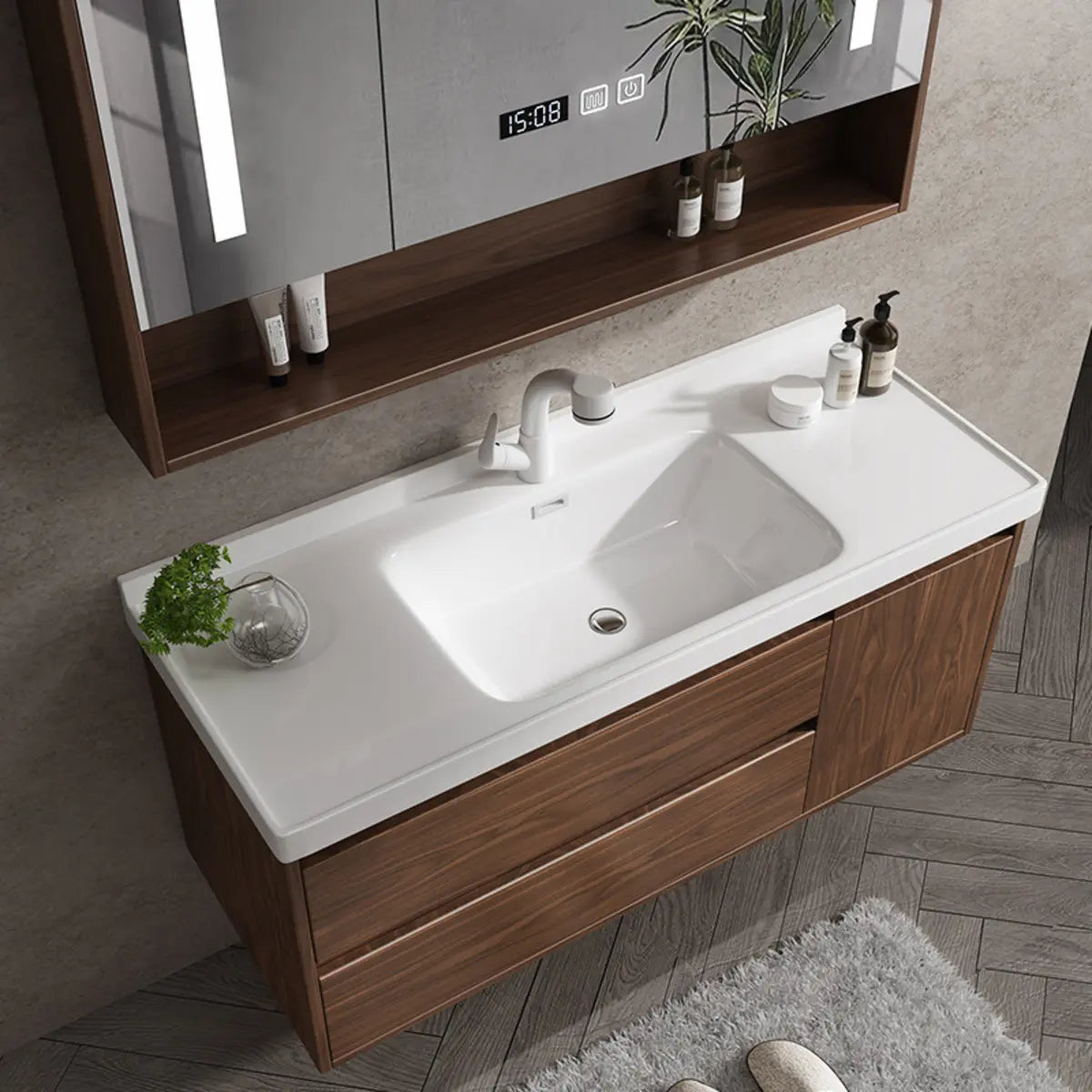 White Ceramic Top Sink Walnut Wood Storage Bathroom Vanity Image - 16