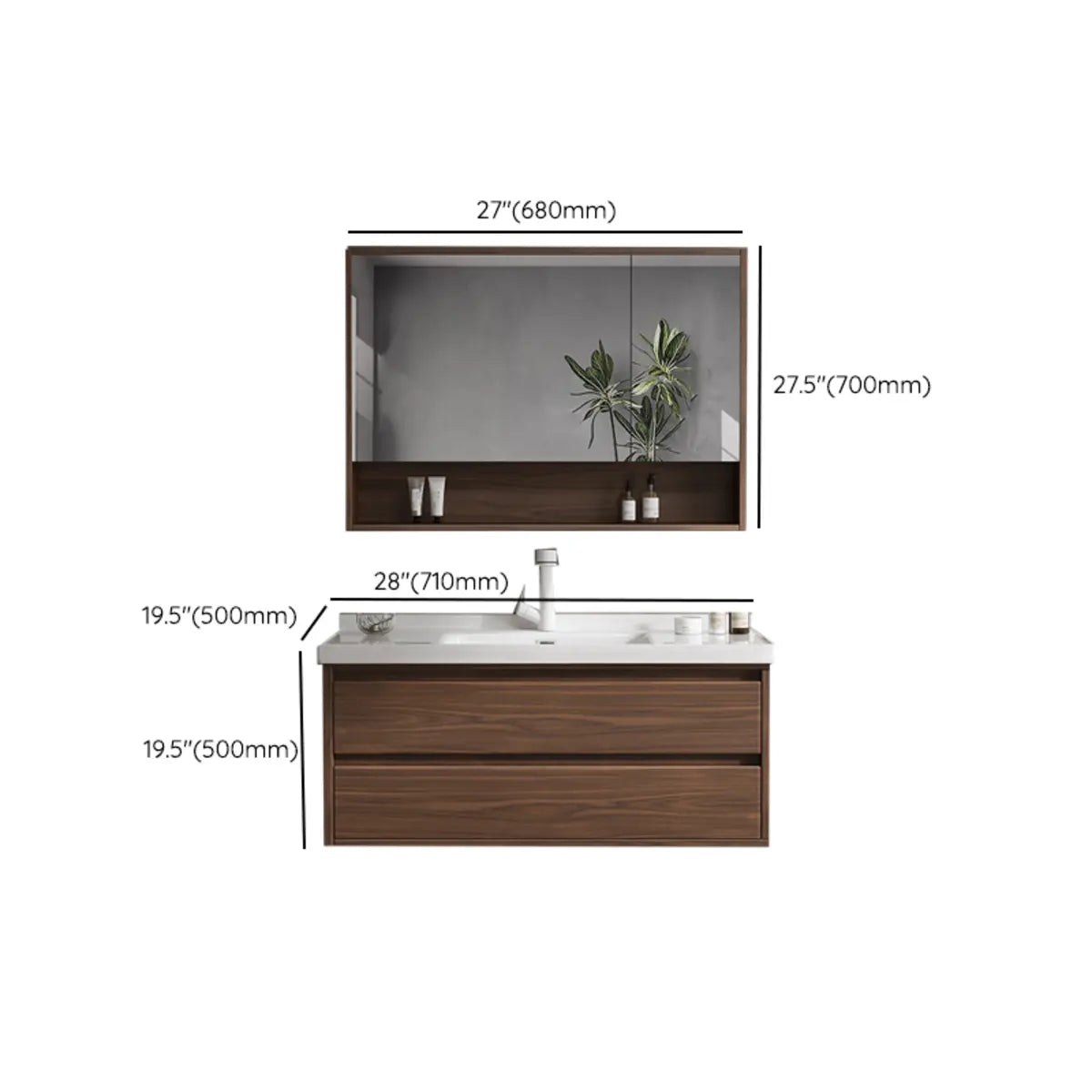 White Ceramic Top Sink Walnut Wood Storage Bathroom Vanity Image - 18