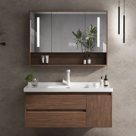 White Ceramic Top Sink Walnut Wood Storage Bathroom Vanity Image - 2