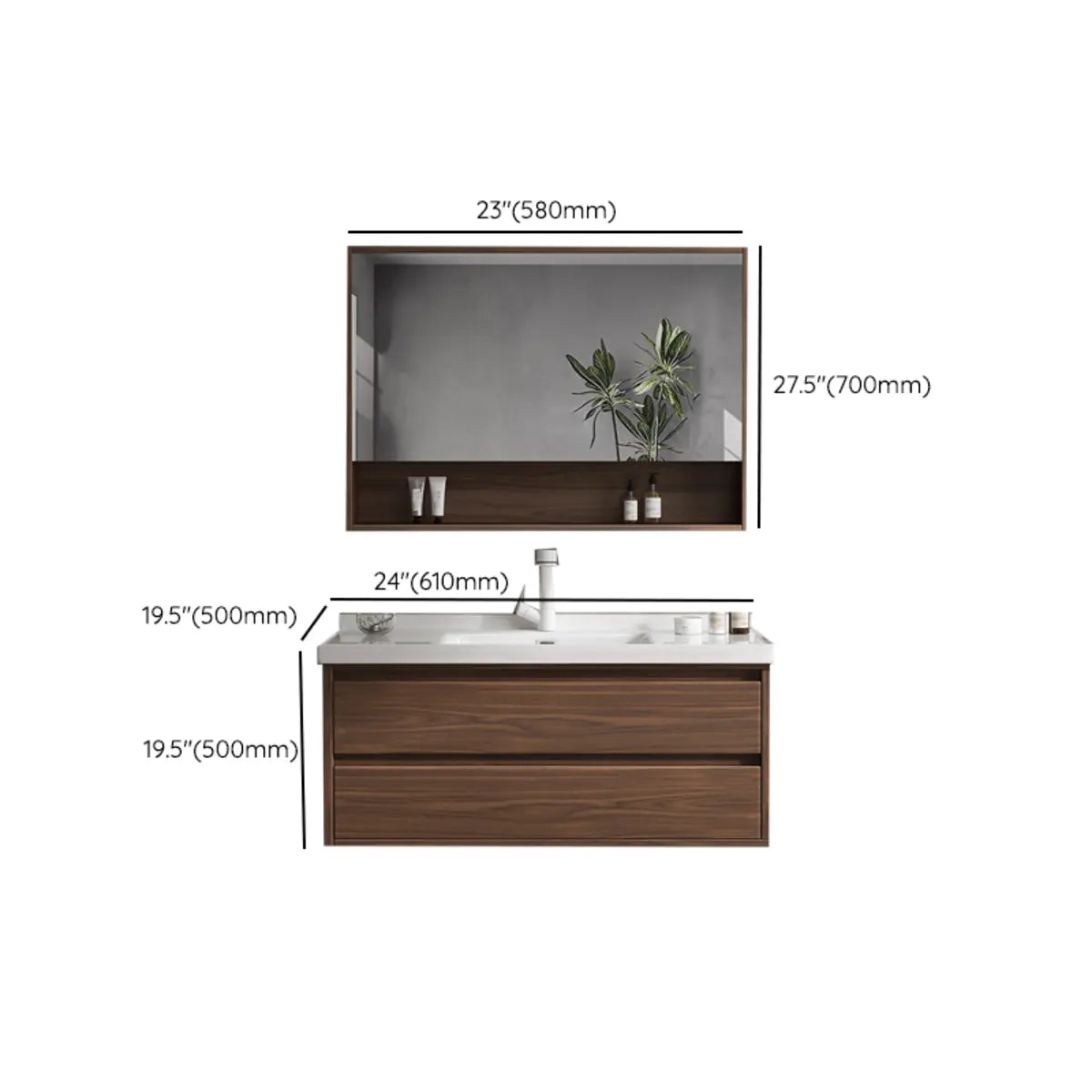 White Ceramic Top Sink Walnut Wood Storage Bathroom Vanity Image - 22