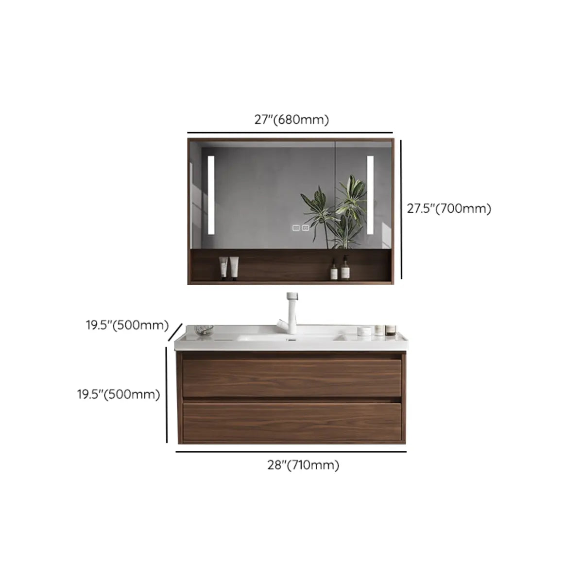 White Ceramic Top Sink Walnut Wood Storage Bathroom Vanity Image - 25