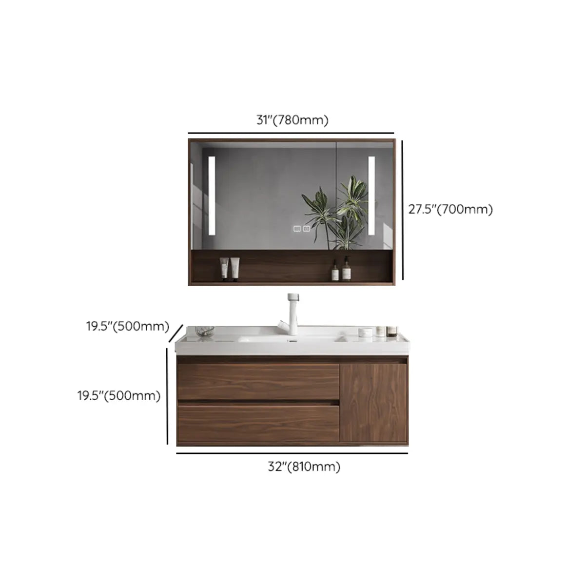 White Ceramic Top Sink Walnut Wood Storage Bathroom Vanity Image - 28