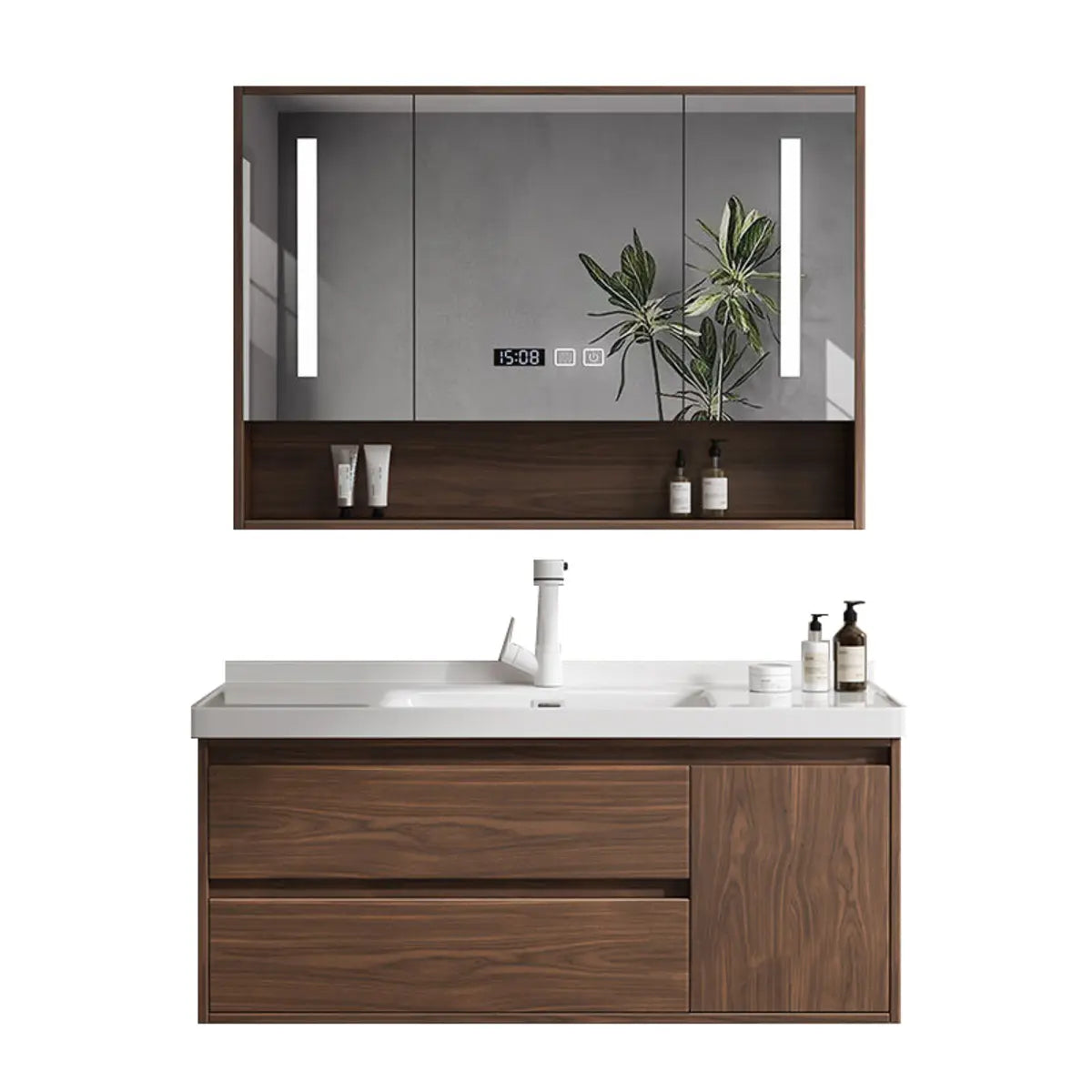 White Ceramic Top Sink Walnut Wood Storage Bathroom Vanity Image - 4