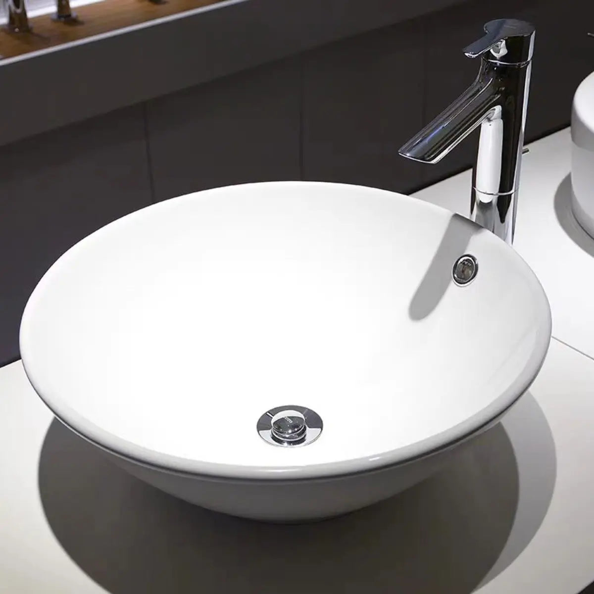 White Circular Ceramic Vessel Sinks with Overflow Hole Image - 1