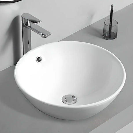 White Circular Ceramic Vessel Sinks with Overflow Hole Image - 2