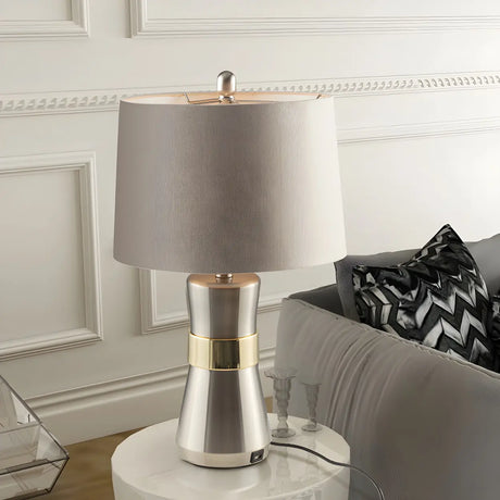 White Contemporary Drum Shaped Fabric Nickel Table Lamp Image - 1