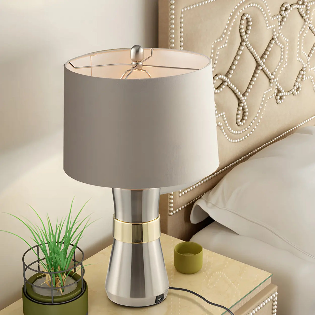 White Contemporary Drum Shaped Fabric Nickel Table Lamp Image - 2