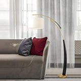 White Cylinder Shade Modern Gold Arc Floor Lamp Image - 1