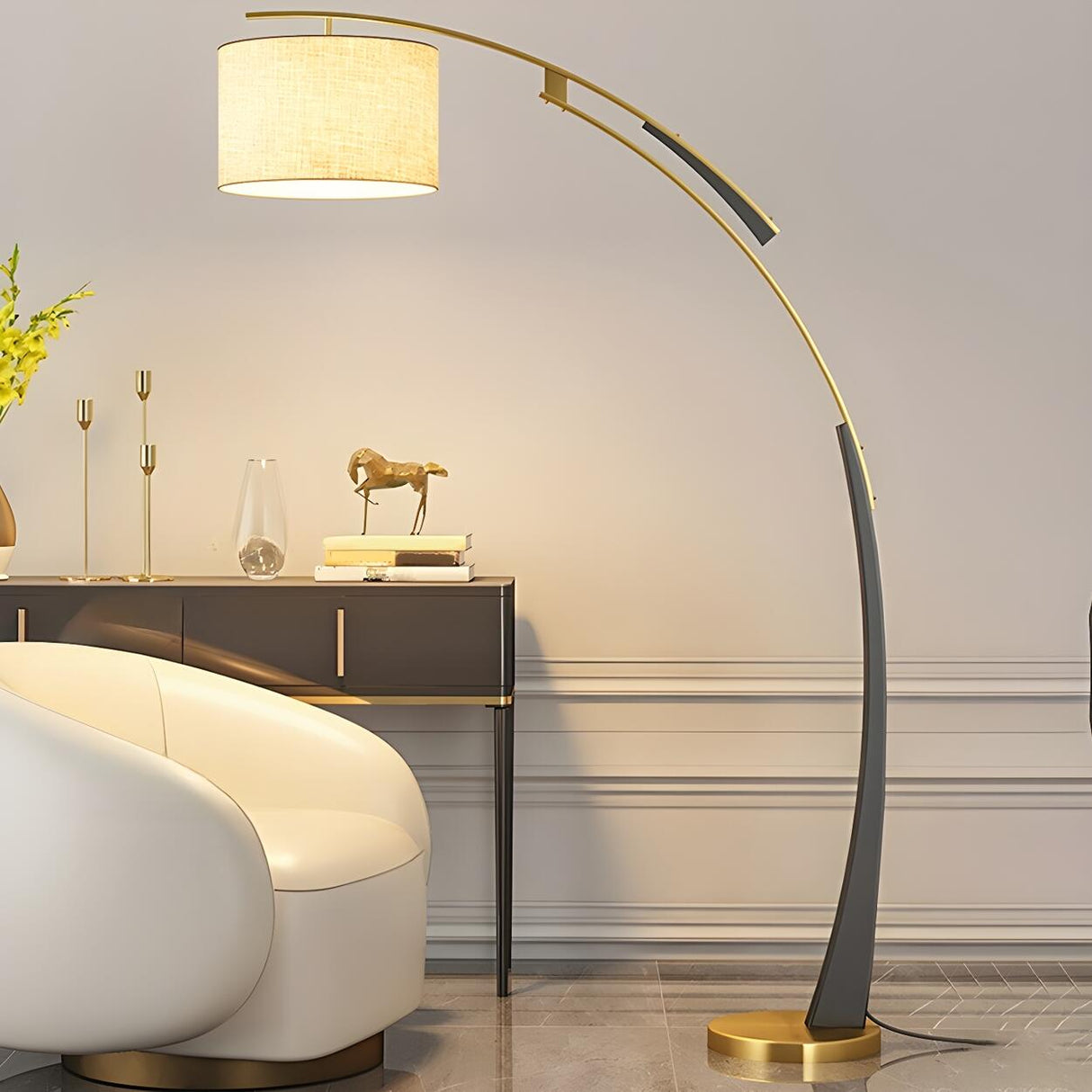 White Cylinder Shade Modern Gold Arc Floor Lamp Image - 10