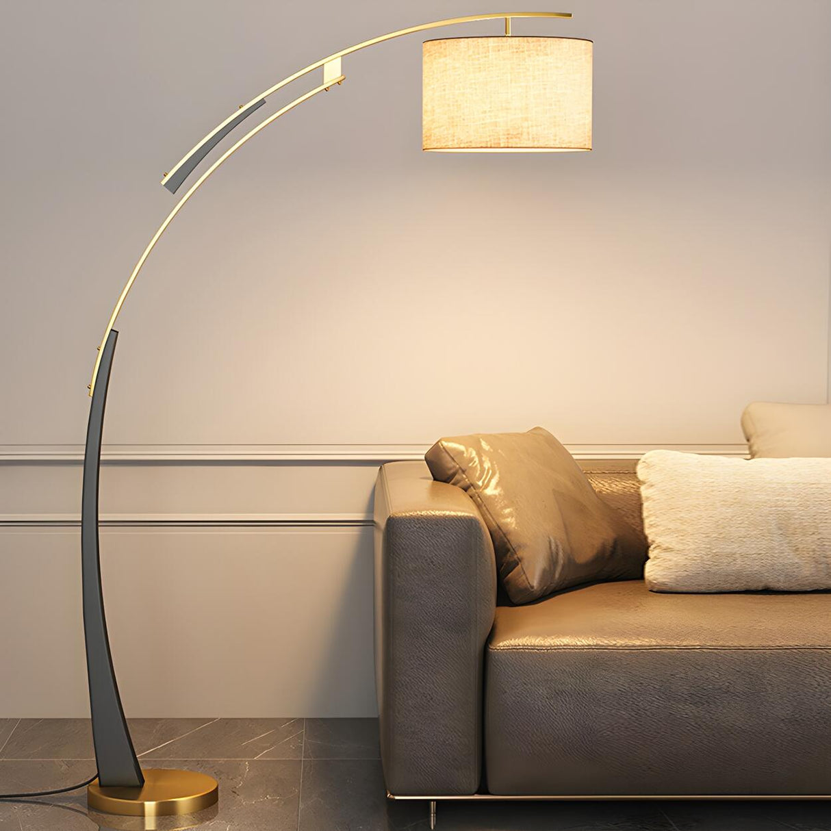 White Cylinder Shade Modern Gold Arc Floor Lamp Image - 12