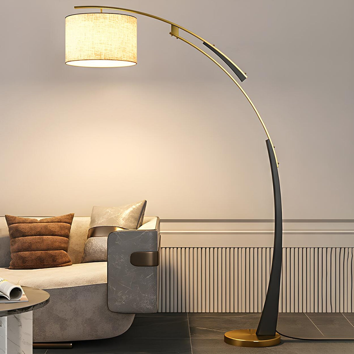 White Cylinder Shade Modern Gold Arc Floor Lamp Image - 13