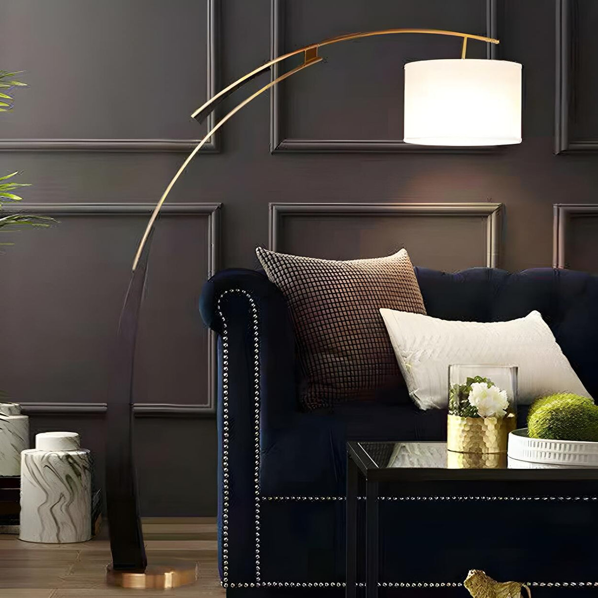 White Cylinder Shade Modern Gold Arc Floor Lamp Image - 4