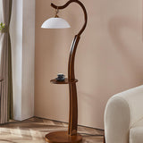 White Dome and Curved Wooden Floor Lamp with Shelf Image - 1