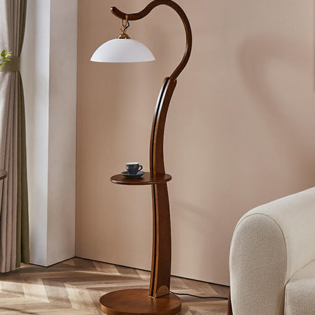 White Dome and Curved Wooden Floor Lamp with Shelf Image - 1