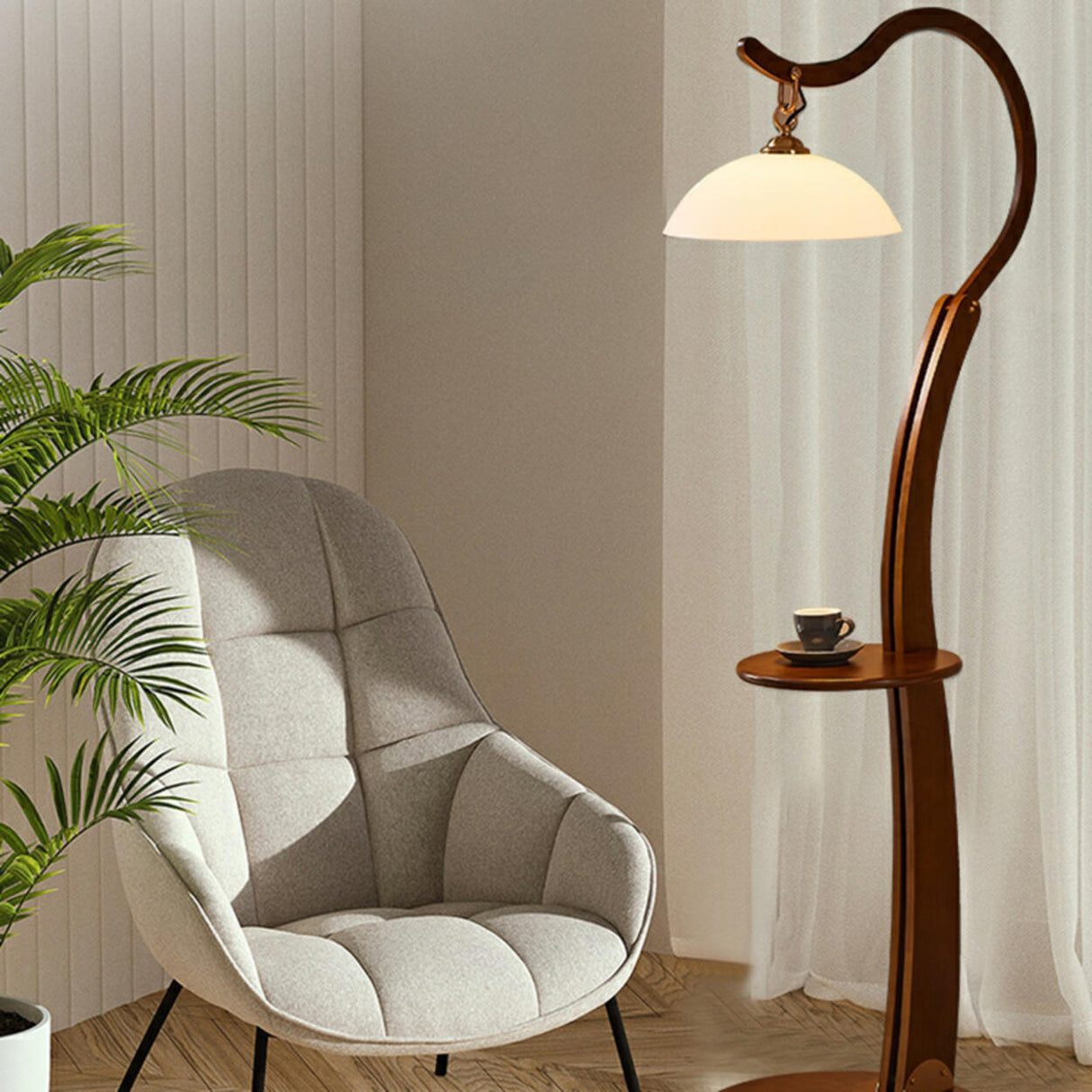 White Dome and Curved Wooden Floor Lamp with Shelf Image - 2