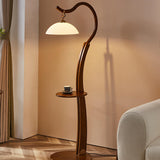 White Dome and Curved Wooden Floor Lamp with Shelf Image - 3