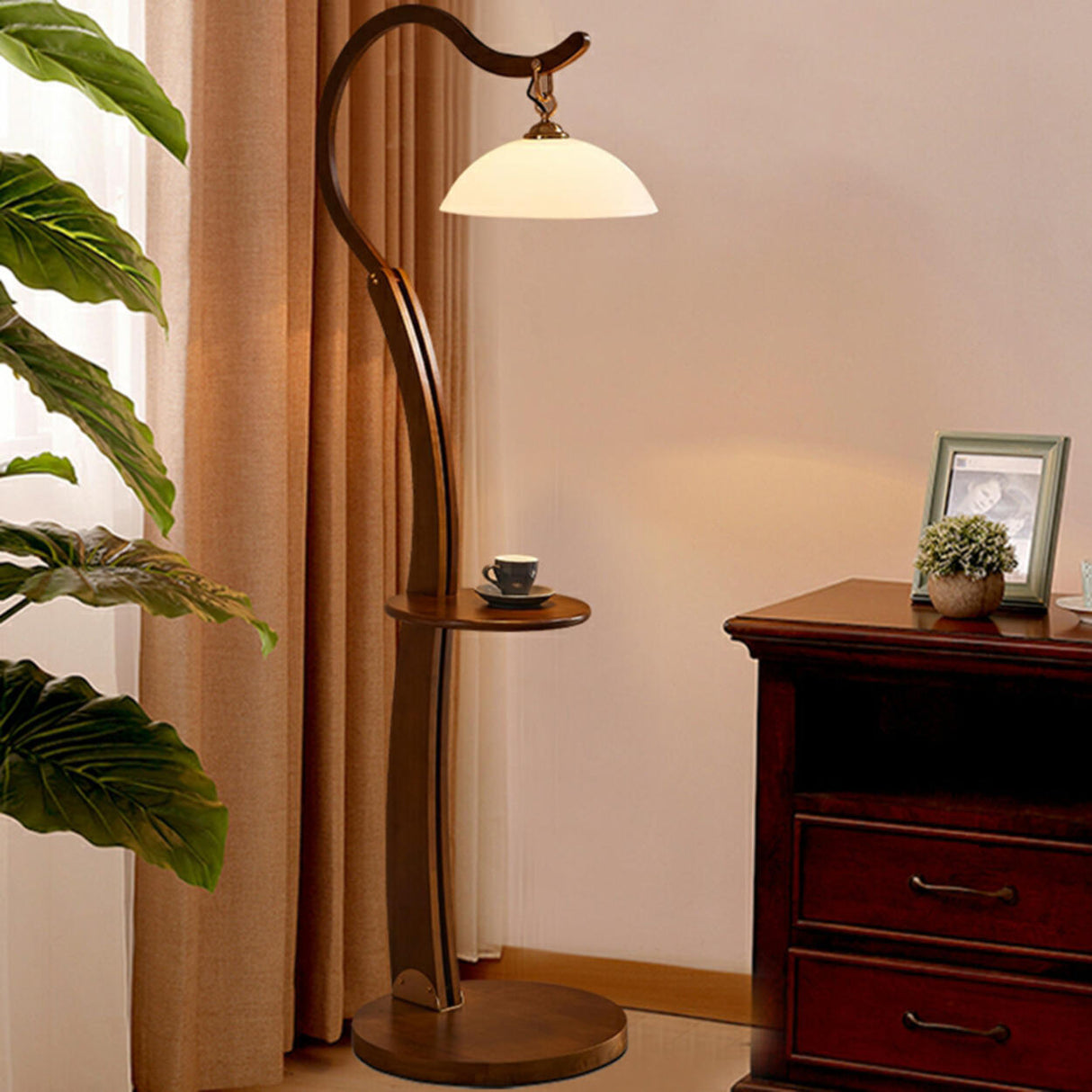 White Dome and Curved Wooden Floor Lamp with Shelf Image - 4