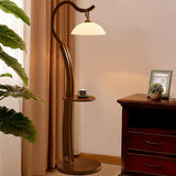 White Dome and Curved Wooden Floor Lamp with Shelf Image - 4