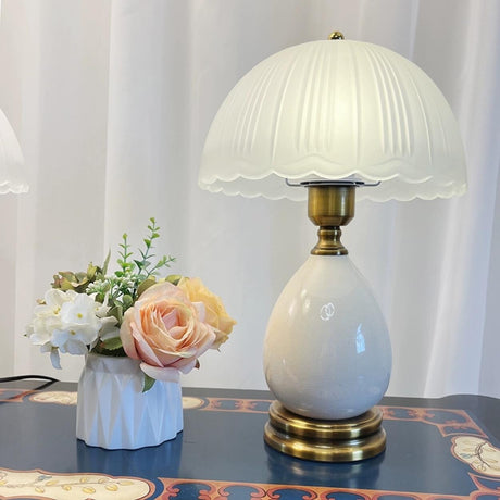 White Dome Frosted Glass Shade Ceramic Base Table Lamp Image - 1