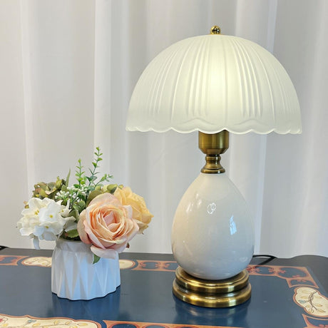 White Dome Frosted Glass Shade Ceramic Base Table Lamp Image - 2