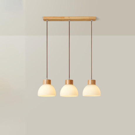 White Dome Glass and Wood Pendant Light Kitchen Island Image - 2