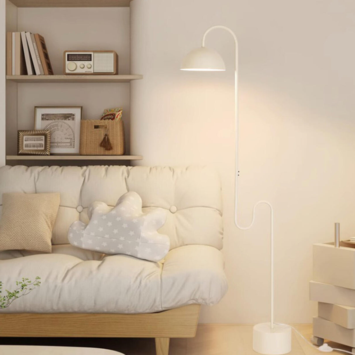 White Dome Shade Minimalist Curved LED Floor Lamp Image - 10