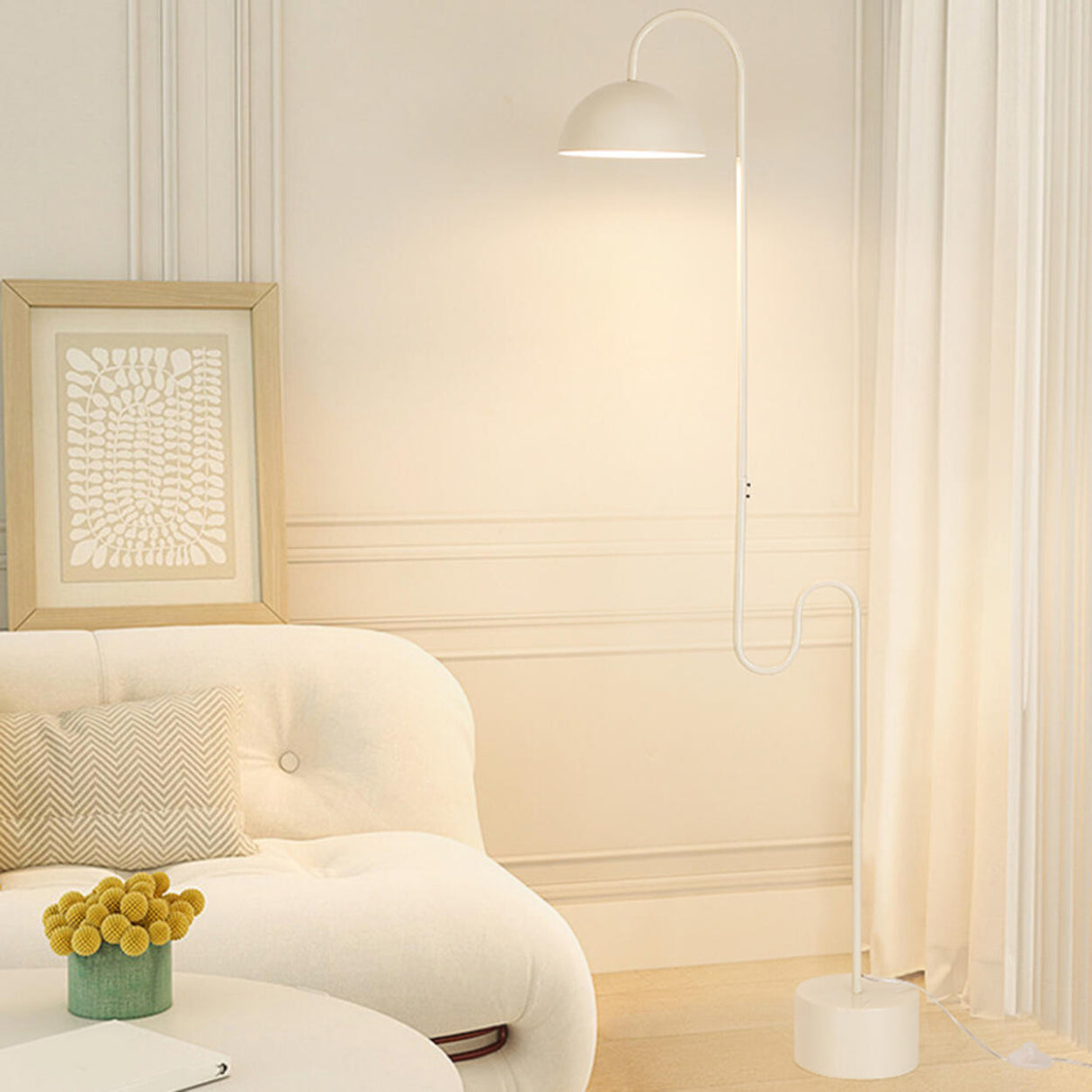 White Dome Shade Minimalist Curved LED Floor Lamp Image - 4