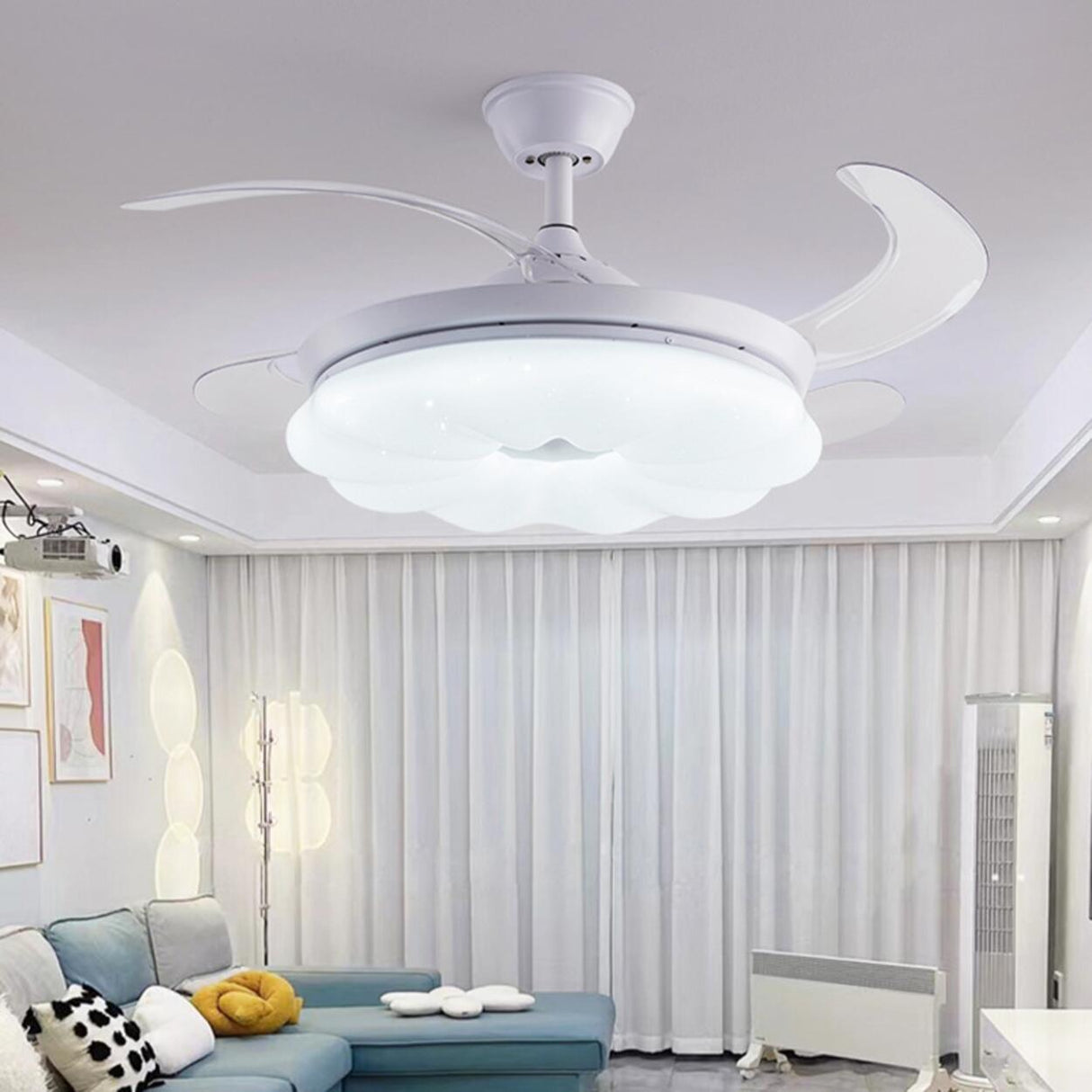 White Downrod Retractable Blade Cloud Ceiling Fan Light Image - 2