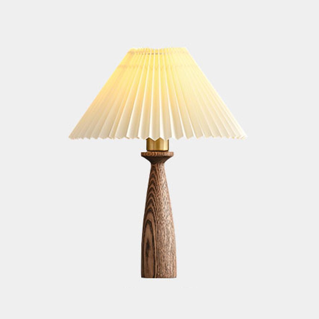 White Elegant Pleated Fabric Lampshade Wooden Table Lamp Image - 2