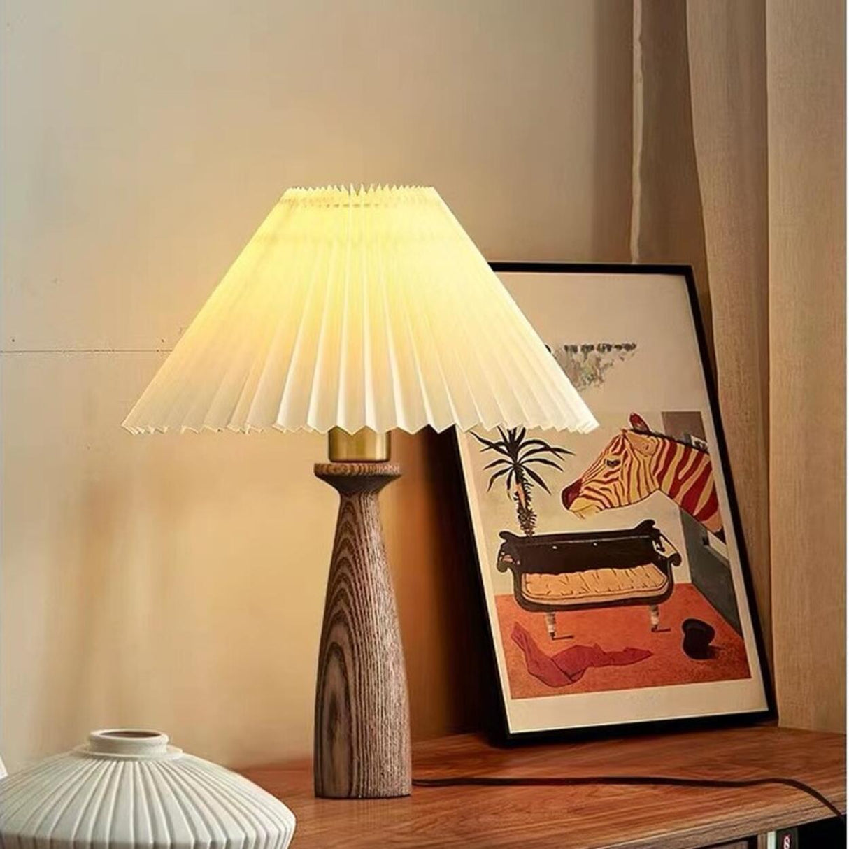 White Elegant Pleated Fabric Lampshade Wooden Table Lamp Image - 6