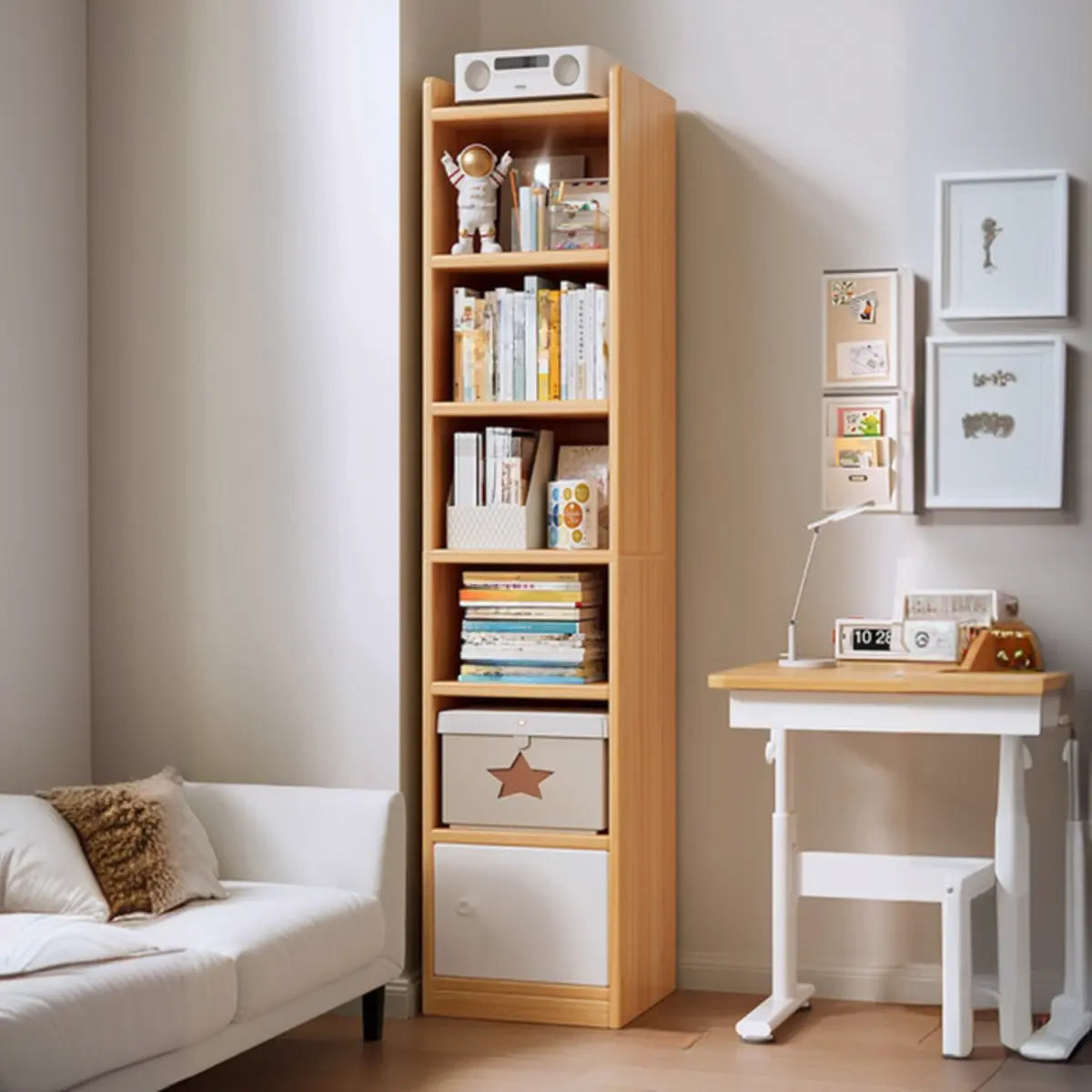 White Elegant Vertical Wood Medium Narrow Bookcase Image - 12