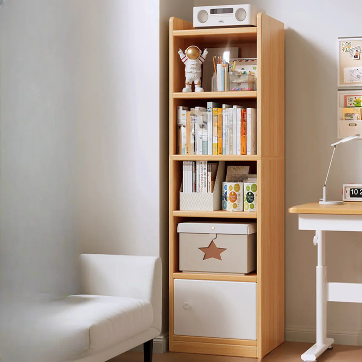 White Elegant Vertical Wood Medium Narrow Bookcase Image - 13