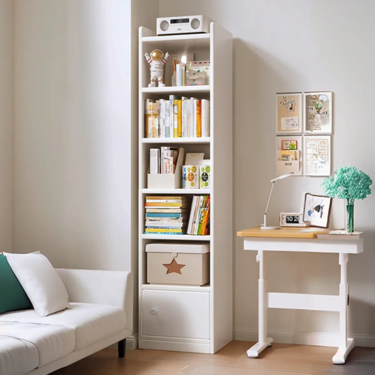 White Elegant Vertical Wood Medium Narrow Bookcase Image - 9