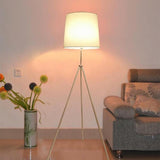 White Fabric Cylinder Modern Tripod Metal Floor Lamp Image - 4