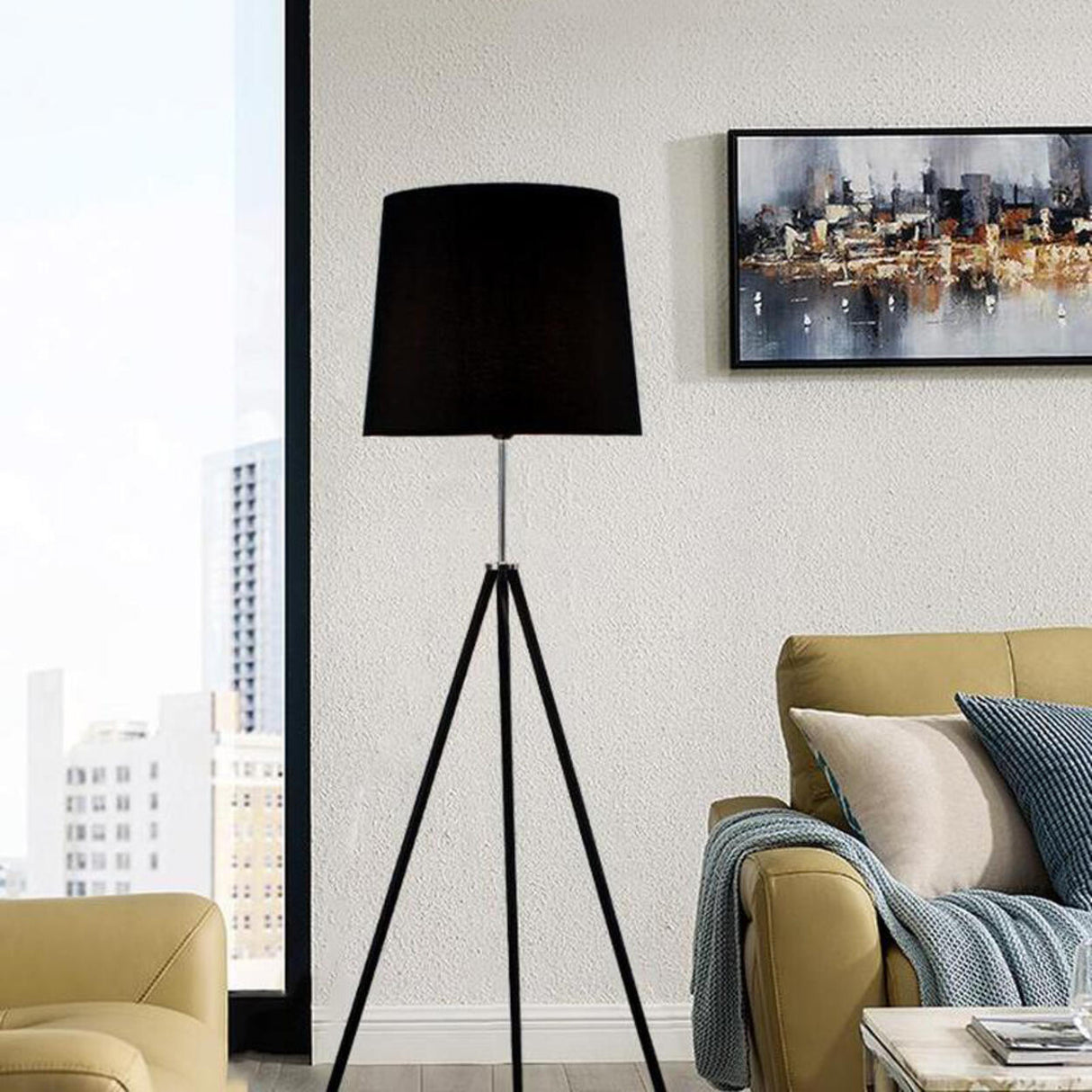 White Fabric Cylinder Modern Tripod Metal Floor Lamp Image - 6