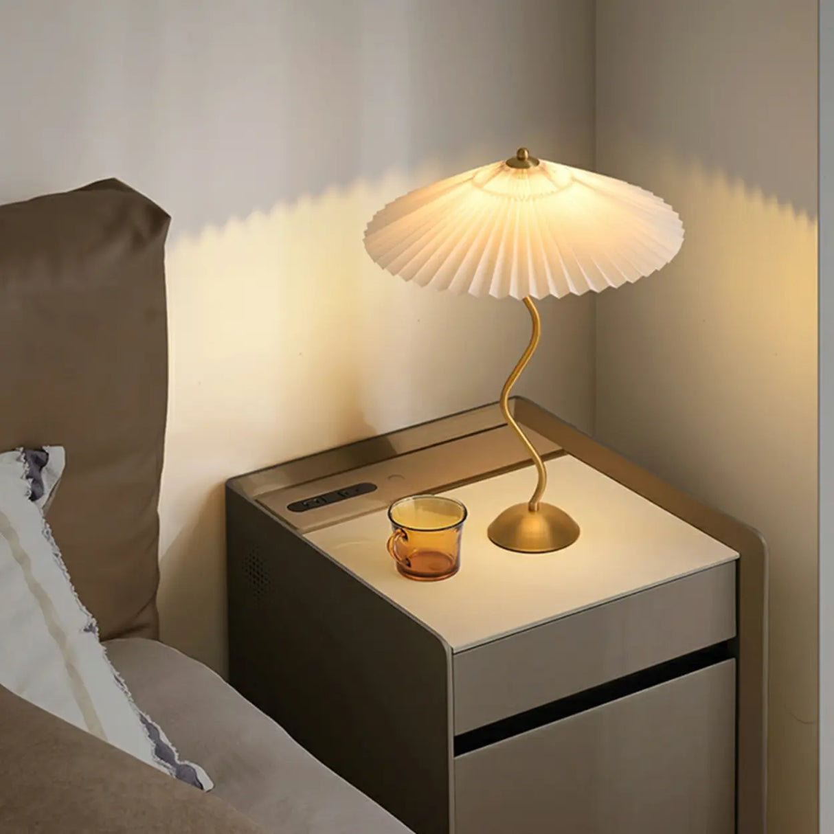 White Fabric Umbrella Shade Metal Bedside Table Lamp Image - 2