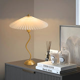 White Fabric Umbrella Shade Metal Bedside Table Lamp Image - 4