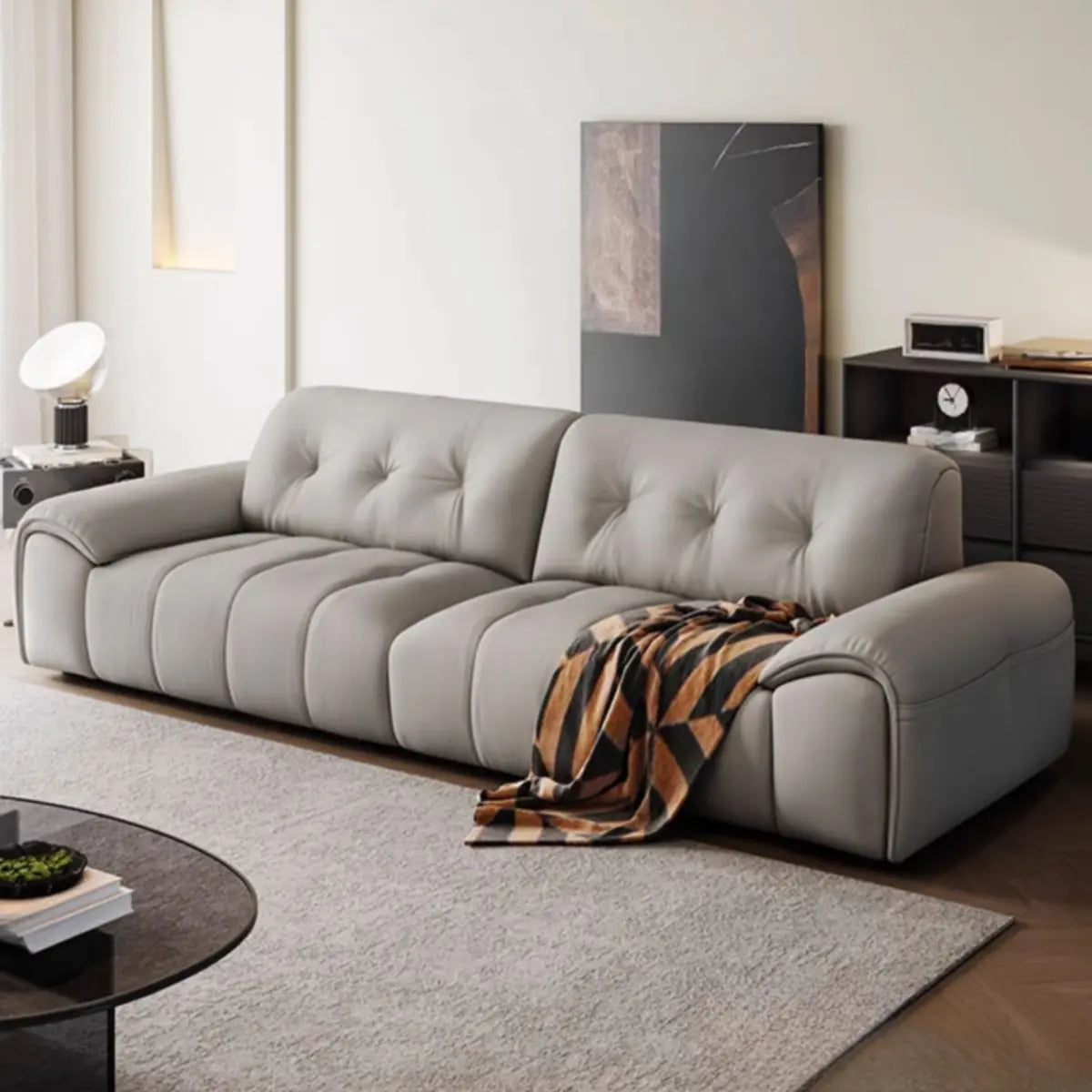 White Fabric Wooden Frame Sofa with Side Storage Image - 5