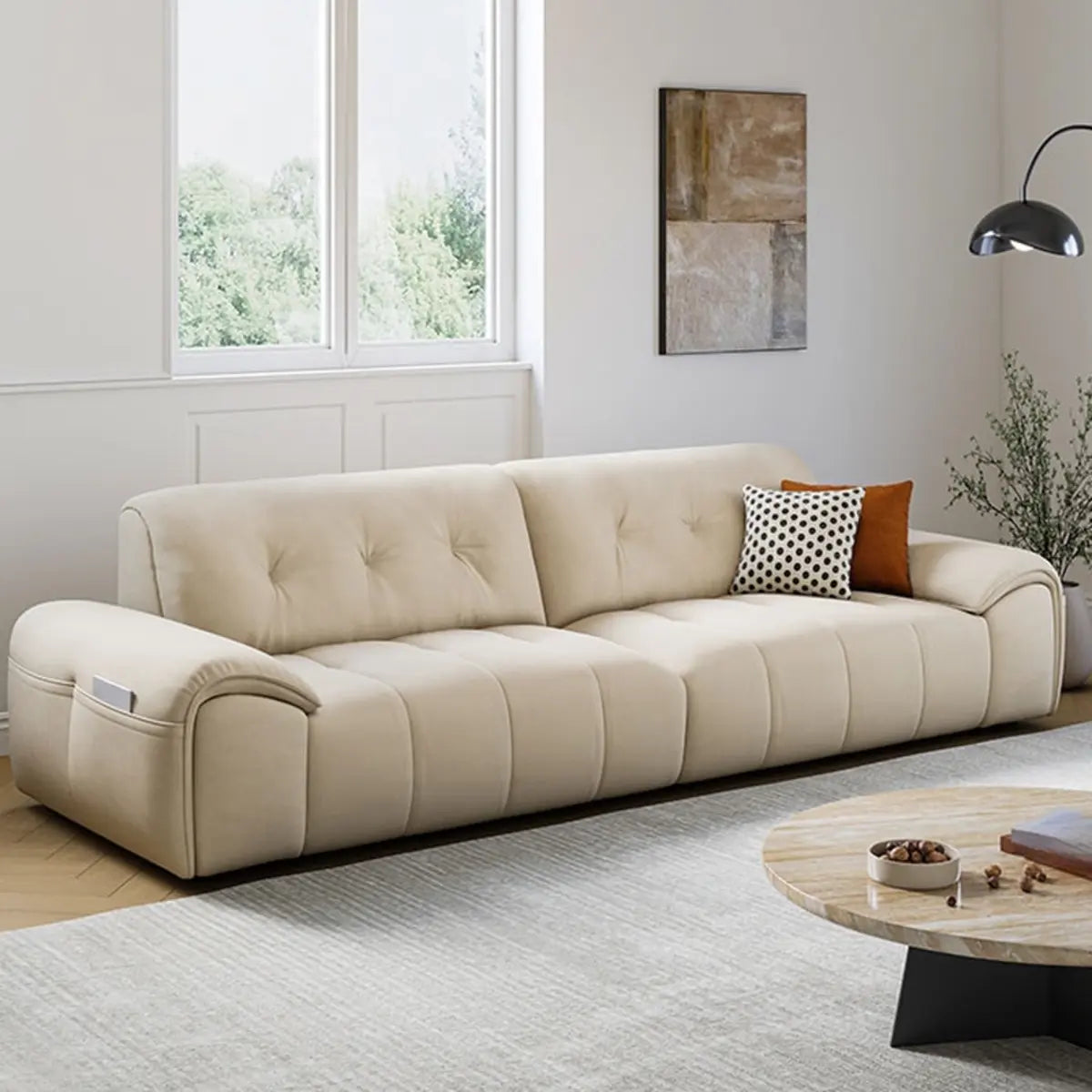 White Fabric Wooden Frame Sofa with Side Storage Image - 6