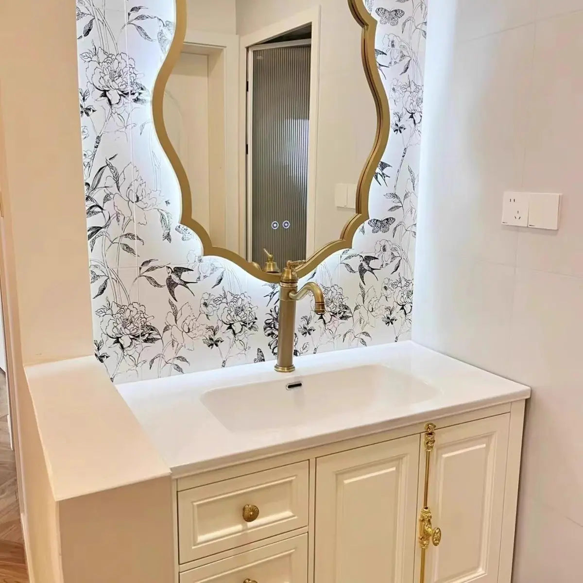 White Faucets and Sink Storage Bathroom Vanity with Mirror Image - 3