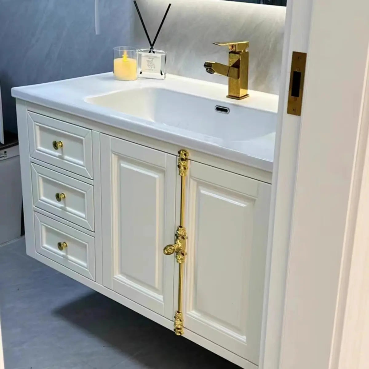 White Faucets and Sink Storage Bathroom Vanity with Mirror Image - 4