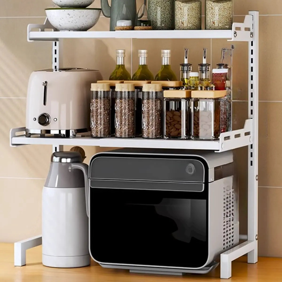 White Fixed Metal Baker's Rack with Microwave Shelf Image - 14